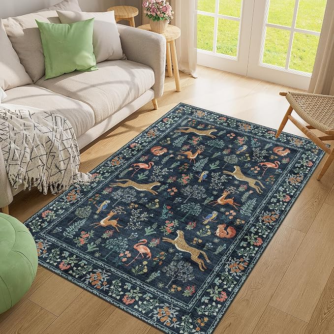 DUKINO 4x6 Area Rug, Non Slip Animal Washable Living Room Rug, Navy Blue | Soft, Low Pile, Stain Resistant Indoor Carpet for Bedroom, Dining Room, Nursery, Farmhouse, Pet Friendly, Non-Shedding