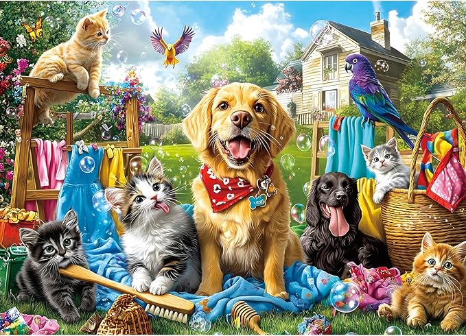Laundry Day Pets 1000 Piece Jigsaw Puzzle for Adults Colorful Garden Scene with Dogs, Cats and Birds Jigsaw Puzzles, Family & Adult Games for Game Night