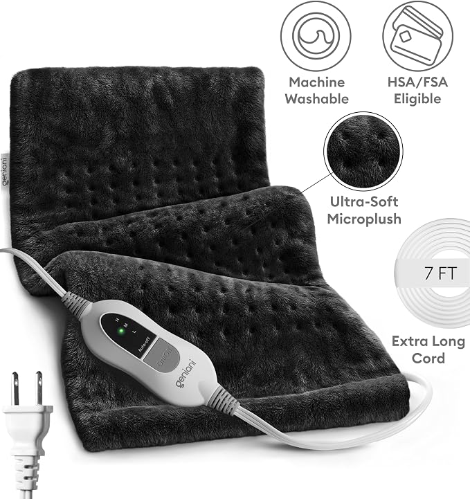 GENIANI Electric Heating Pad for Back Pain & Cramps Relief, Electric Throw, Self Care Gifts for Women, Heating Pad for Neck & Shoulder, Machine Washable Microplush, Auto Shut Off (12×24", Black)