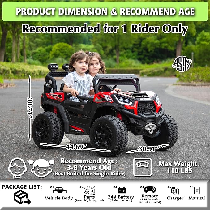 sopbost 24V Kids Ride On Car with Remote Control Battery Powered 4 Wheeler 2x2/4x4 Motorized Ride On UTV Ride On Toys for Boys Girls, EVA Tires Wheels, Red