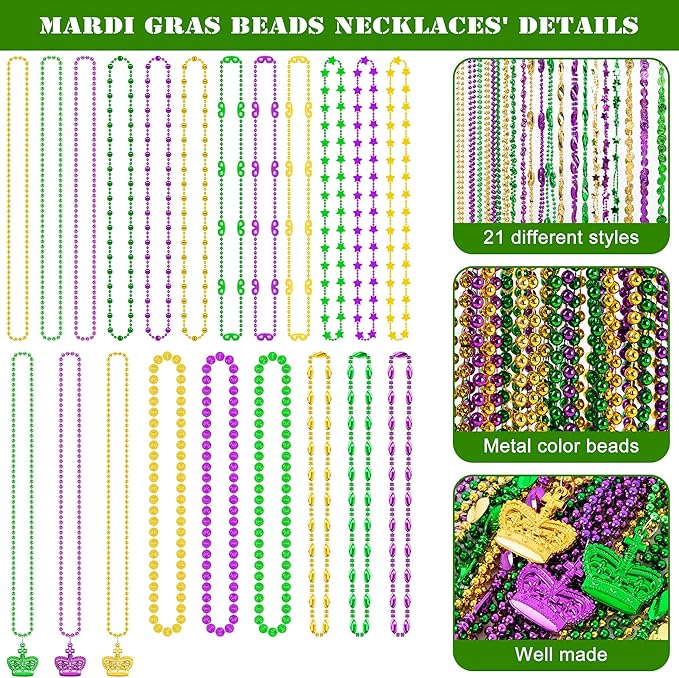 300PCS Mardi Gras Beads Costume, Green Purple Gold Metallic Beads Necklaces Accessories Bulks, Necklace Costumes Women Men for Parade Throws Party Decor Favor Supplies