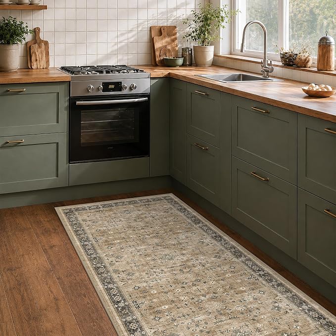 Hazo Haus Washable 3x6 Large Mudroom Area Rug, Bohemian Kitchen Floor Rug, Non-Slip & Stain Resistant, Vintage Desert Taupe Sage Farmhouse Floral Décor