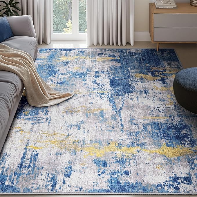 RELEANY Washable 6'x9' Abstract Area Rug for Living Room Blue Gold | carpet for bedroom, kitchen, office, hallway and entryway, printed pattern, non-slip, soft, stain-resistant, easy to clean