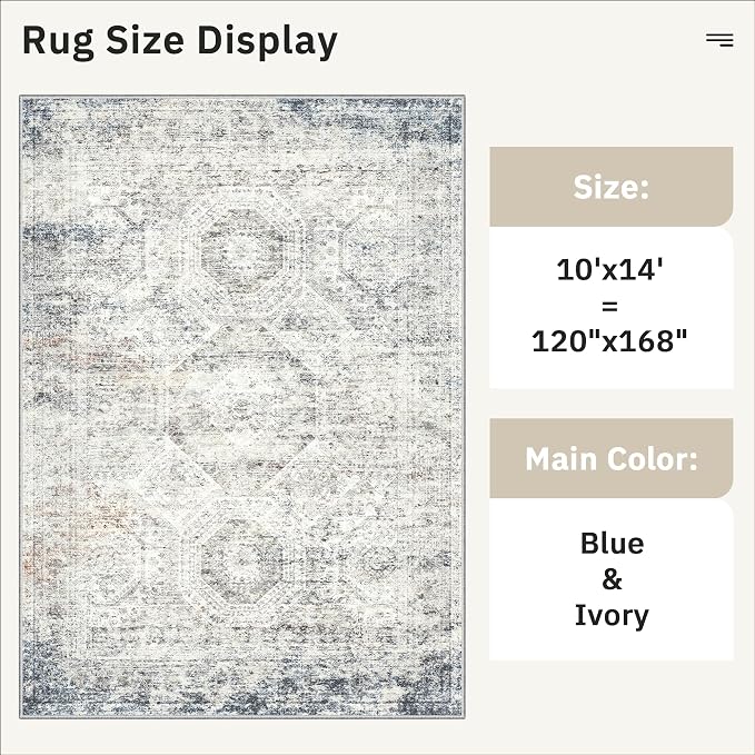 Soalmost 10x14 Area Rugs for Living Room Washable Rug Non-Slip Blue/Ivory | Large Vintage Stain Resistant Carpet for Dining Bedroom, Low Pile Lightweight Foldable Floor Mat Nursery Home Office Decor