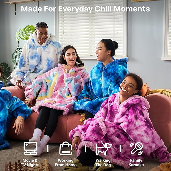 Giggling Getup Wearable Blanket Hoodie for Adults Gifts for Teen Girls Sister Women Sherpa Fleece Printed Hooded Blanket Sweatshirt Warm Cozy with Pocket & Sleeves Light Blue Tie Dye