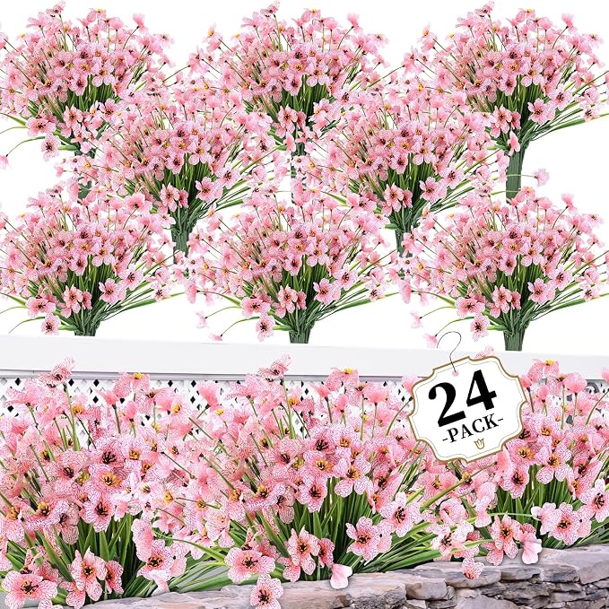ColoPlay 24 Bundles Peach Artificial Flowers for Outdoors, Fake Flowers | Fake Plants Outdoors, UV Resistant Faux Flowers for Indoor Outside Garden Porch Window Box Home Wedding Farmhouse