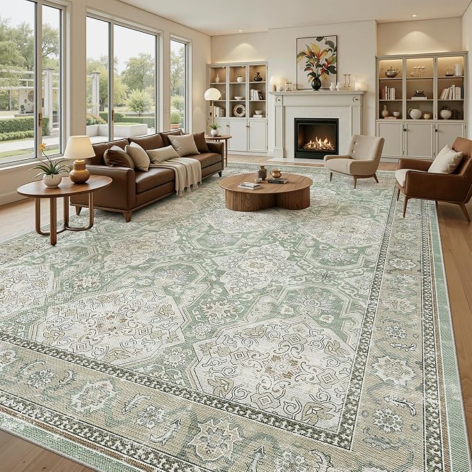 Soalmost 10x14 Area Rugs for Living Room Washable Rug Non-Slip Green/Brown | Large Vintage Stain Resistant Carpet for Dining Bedroom, Low Pile Lightweight Foldable Floor Mat Nursery Home Office Decor