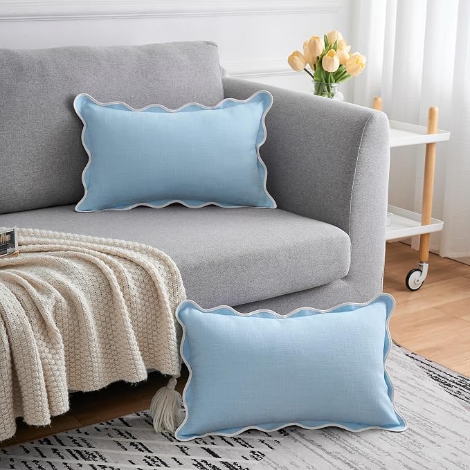Scalloped Pillow Covers Set of 2 for Living Room | Spring Decorative Sofa Couch Lumbar Pillows | Boho Sytle Decorative Home | Aesthetic Funky Preppy Pillow Cases (Blue, 12x20 Inch)