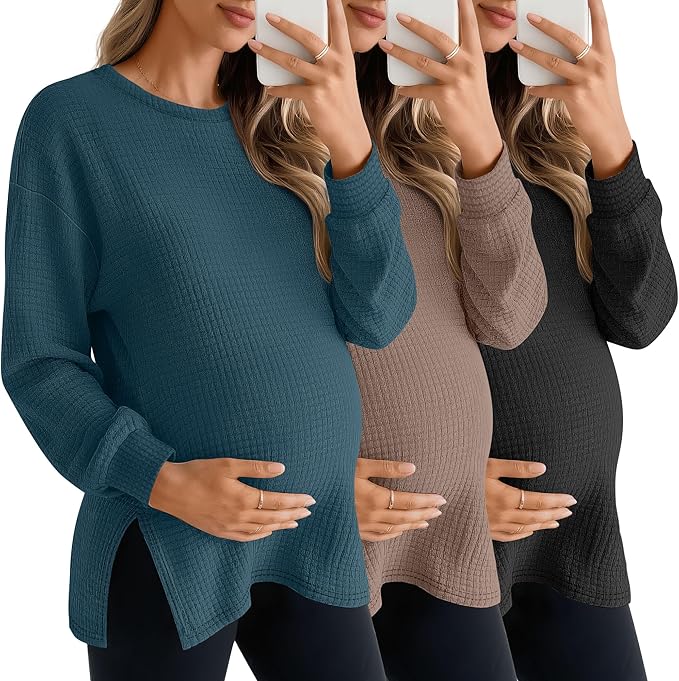 3 Pack Women's Maternity Shirts Long Sleeve Waffle Knit Side Split Oversized Tops Pregnancy Clothes Fall Tees