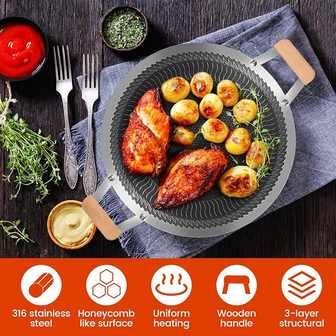 Korean Style BBQ Grill Pan, Portable Non Stick Stainless Steel BBQ Griddle Pan with Handle, Honeycomb Round Stovetop Grill for Outdoor Camping Gathering