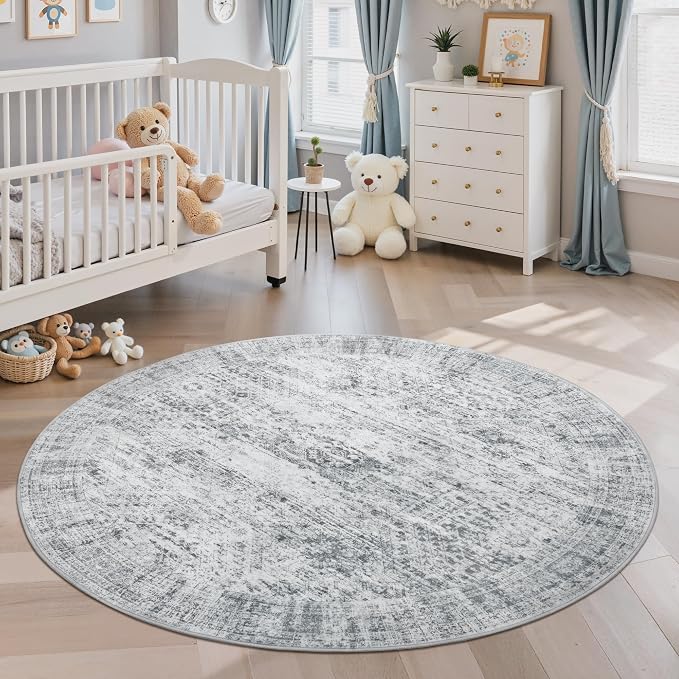 Soalmost 5x5 Grey Round Rug 6ft Circle Living Room Area Rugs Non-Slip | Washable Vintage Indoor Carpet for Dining Bedroom, Low Pile Stain Resistant Foldable Floor Mat Entryway Home Office Decor