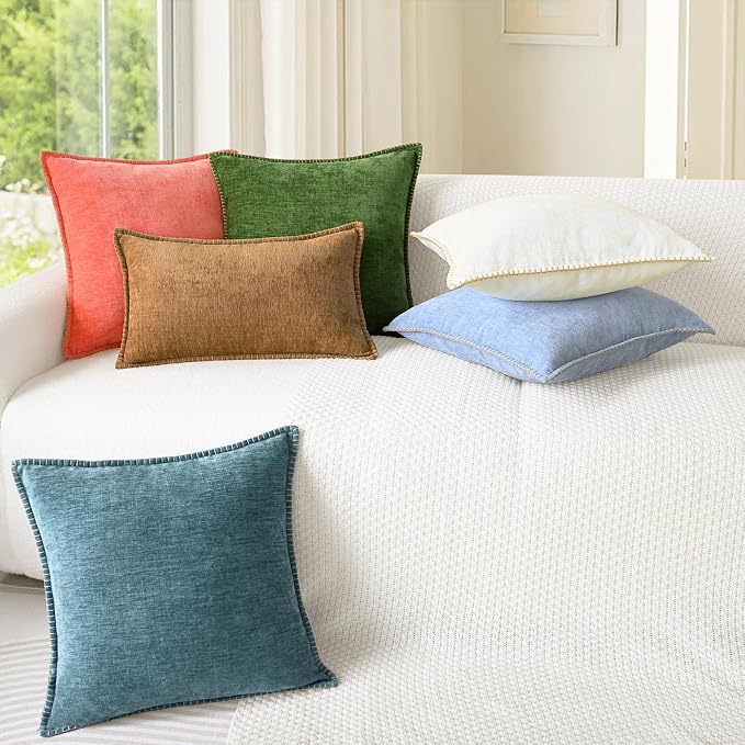 CaliTime Decorative Couch Throw Pillow Covers 18 X 18 Inches Forest Green | Pack of 2, Cozy Chenille Cushion Cases, Cotton Thread Stitching Edges, for Sofa Bed Living Room Farmhouse
