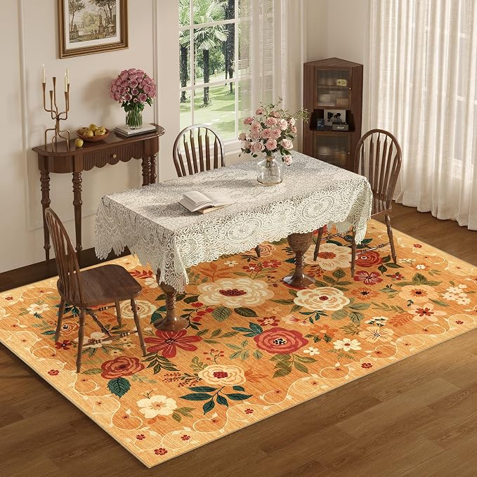 DUKINO 9x12 Area Rug for Living Room, Floral Washable Rug Non Slip, Orange | Soft, Low Pile Indoor Large Rug for Bedroom, Dining Rom, Kids Playroom, Office, Pet Friendly, Modern Home Decor, Non-Shedding