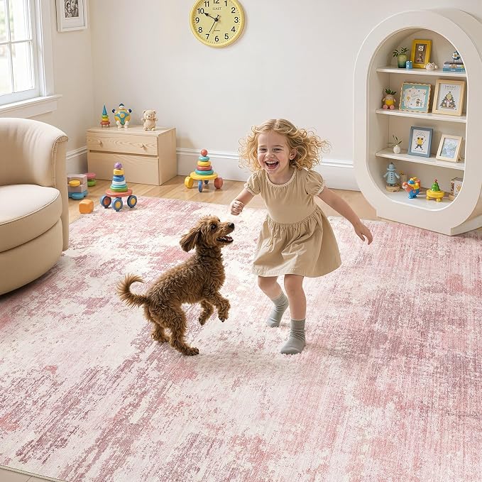 UERMEI 10x12 Area Rug Living Room Rugs - Washable Neutral Modern Abstract Soft Thin Large Rug Indoor Floor No Slip Rug Carpet for Bedroom Under Dining Table Home Office Decor - Pink