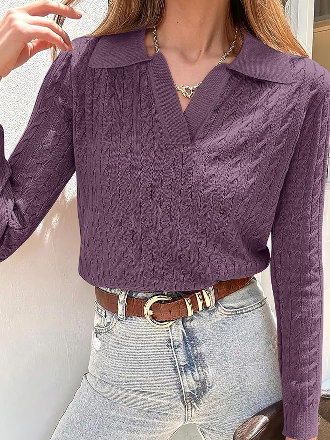 ANRABESS Womens Cable Knit Sweaters Long Sleeve V Neck | Pullover Collared Sweater Tops, Polo Knit Shirts, Business Casual Work, Tennis Golf, Fall Winter Fashion Outfits
