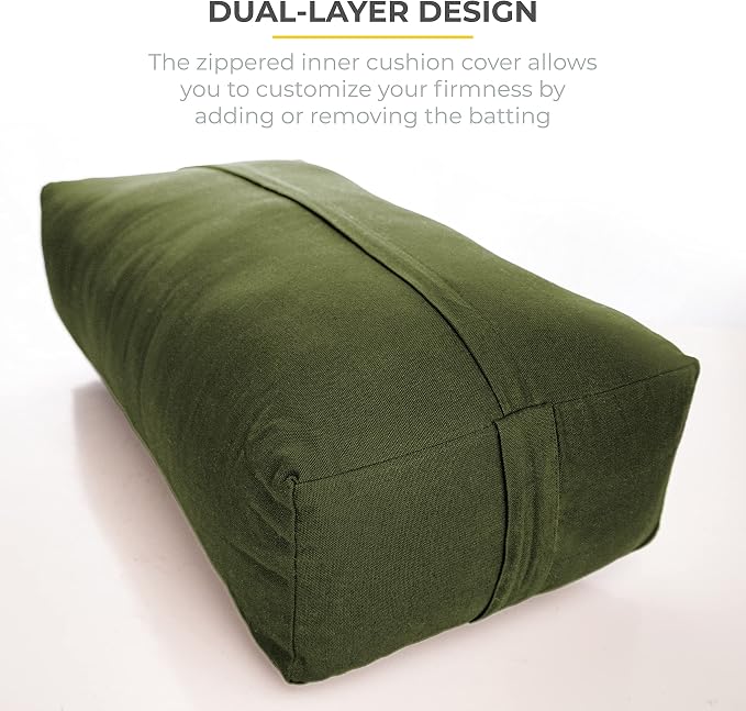 Extra Firm Large Yoga Bolster, 24" x 12" x 6" Cinched OR Zippered Yoga Pillow, Rectangular Cotton Cushion With Removable Cover for Studios, 1 Pack or 2 Pack