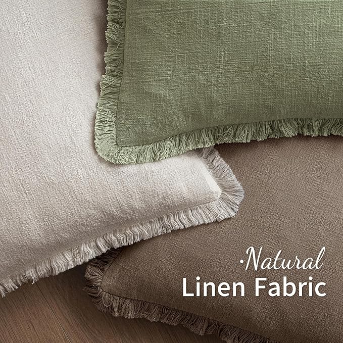 MIULEE Linen Fringe Decorative Fall Euro Pillow Covers Cocoa Brown 22x22 | Set of 2, Cottagecore Decor, Boho Farmhouse Neutral Throw Pillow Covers, Rustic Fall Couch Cushions for Sofa Bed Living Room