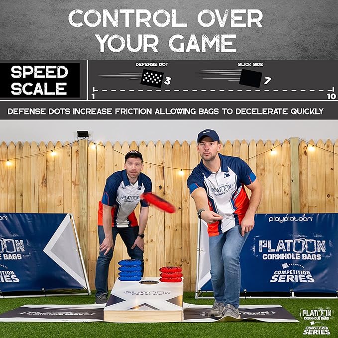 Play Platoon Competition Series Cornhole Bags Set of 8 Regulation Professional Weight Double Sided Slick and Stick with Rubber Sticky Dot Slow Side for Pro Corn Hole Bean Bag Toss Game-Designed in USA