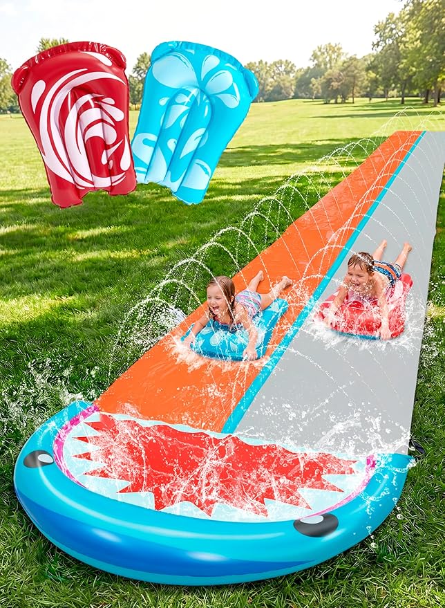 Sloosh Water Slides with 2 Inflatable Boards,22.5ft Double Lane Splash Slip Lawn Water Slide with Advanced Sprinklers Summer Toy for Kids Adults Fun Backyard Summer Outdoor, Shark