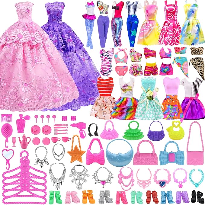 Ecore Fun Fashion Doll Closet Wardrobe for Doll Clothes and Accessories Storage - Lot 102 Items Include Clothes, Dresses, Shoes, Bags, Necklace, Shoes Rack, Hangers for 11.5 Inch Girl Doll Clothes