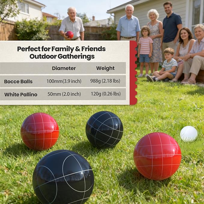 Bocce Ball Set 100mm Regulation Size and Weight for Lawn, Beach Bocci Game Sets for 2-8 Players (Red and Black)