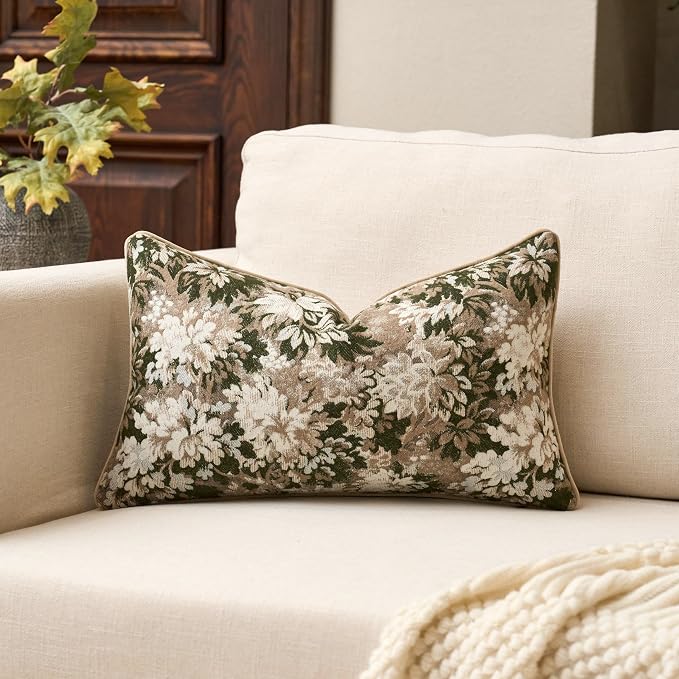 Neutral Floral Pillow Cover 12 x 20 Inches, Vintage Chenille Rectangle Throw Pillow Cover Soft Decorative Farmhouse Accent Couch Pillow Cover for Living Room Bedroom, Green