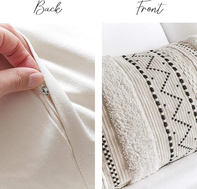 20X54 Oversized Large Lumbar Pillow Cover for Bed, Rectangular Long Decorative Throw Pillowcase, Cotton Boho Accent Cushion with Black Tufted Pattern and Tassels, Cream Neutral (Cover Only)