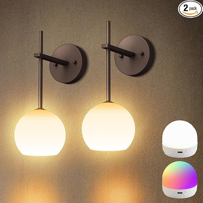 Brown Battery Operated Wall Sconces Set of 2, Rechargeable Wireless Wall Lights with Milky White Frosted Glass, 12 RGB and 3CCT Dimmable Wall Lamps with Remote for Bedroom Living Room Hallway