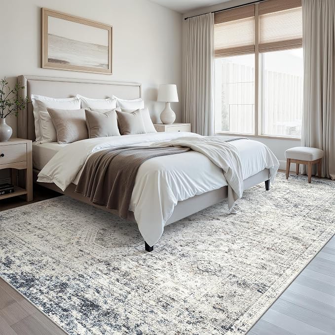 Soalmost 9x12 Area Rugs for Living Room Washable Rug Non-Slip Blue/Ivory | Large Vintage Stain Resistant Carpet for Dining Bedroom, Low Pile Lightweight Foldable Floor Mat Nursery Home Office Decor