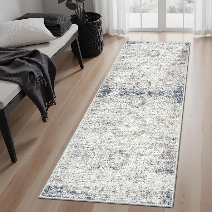 Soalmost Runner Rug 2x5 Washable Non-Slip Kitchen Entry Runners Blue/Ivory | Soft Low-Pile Rugs for Bathroom Laundry Room, Vintage Foldable Floor Carpet Mat Hallway Entryway for Corridor Bedroom