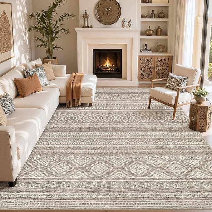 cotiled 10x13 Area Rugs Living Room Rug: Washable Boho Rugs with Non Slip Backing Large Soft Indoor Stain Resistant Carpet for Bedroom Farmhouse Dining Room Lightweight Home Decor Coffee Brown