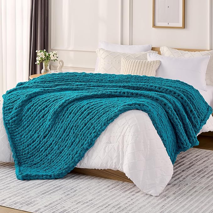 L'AGRATY Chunky Knit Throw Blanket for Couch, 60'' x 80'' Knit Throw, Teal | Handmade Chenille Crochet Blanket for Sofa Bed, Thick Cable Knitted Blankets for Room Home Decor, Birthday Gift for Women Mom