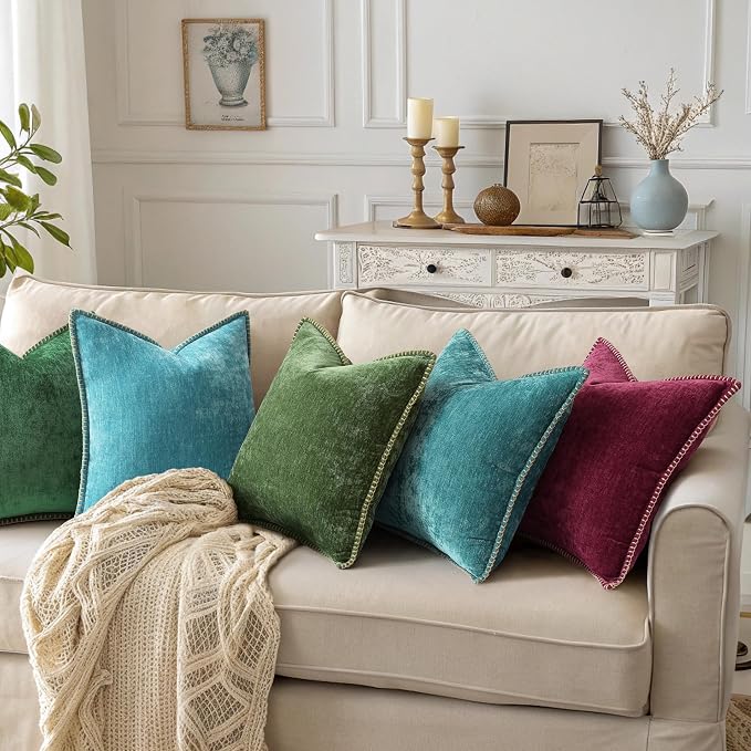 decorUhome Soft Chenille Throw Pillow Covers 12x12 Set of 2 Forest Green | Fall Textured Decorative Throw Pillow Cases Stitched Edge Modern Farmhouse Luxury Boho Velvet for Couch Sofa Bed Home Decor