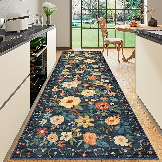 DUKINO 3x10 Runner Rug, Washable Kitchen Runner Rug Non Slip, Navy Blue | Soft, Low Pile, Floral Indoor Rug Runner for Hallway, Entryway, Bedroom, Bathroom, Home Decor, Pet Friendly, Stain Resistant