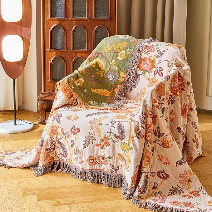 VANJOROY King Boho Throw Blanket 91" x 98", 100% Organic Cotton Breathable Skin-Friendly Ultra Soft Bed Quilt Throw - Floral Rustic Decor Luxury Reversible Blanket for Sofa Couch Chair and Gift