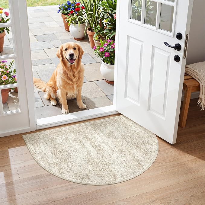 Soalmost Washable Half Circle Round Rug 2x3 Beige Small Half Moon Rug Entry | Non-Slip Vintage Low Pile Throw Door Mat For Bathroom Laundry Powder Room, Stain Resistant Indoor Entrance Semi Floor Carpet