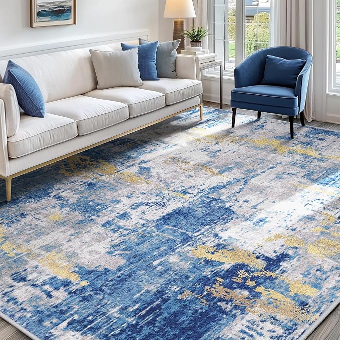 RELEANY Washable Area Rugs 8'x10' Non-Slip Modern Abstract Soft for Living Room Entryway Bedroom Kitchen, Print Pattern, Grey Blue Gold/Golden
