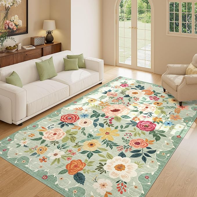 DUKINO 5x8 Area Rug for Bedroom, Floral Washable Rug Non Slip, Green | Low Pile, Non-Shedding, Soft Indoor Rug for Living Room, Dining Room, Kids Room, Office, Nursery, Pet Friendly, Home Decor