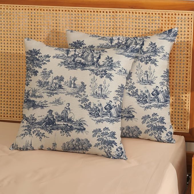 French Country Pillow Covers 20x20 Set of 2 Vintage Toile Blue Throw Pillows French Country Decor Outdoor Pillowcase Rustic Cottage Linen Decorative Farmhouse Cushion Case for Couch Bed Sofa
