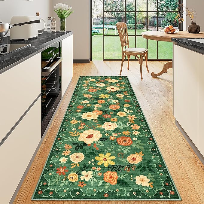 DUKINO 2x10 Runner Rug, Washable Kitchen Runner Rug Non Slip, Dark Green | Soft, Low Pile, Floral Indoor Rug Runner for Hallway, Entryway, Bedroom, Bathroom, Pet Friendly, Home Decor, Stain Resistant