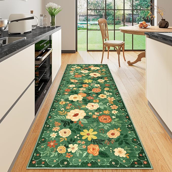 DUKINO 2x6 Runner Rug for Hallway Washable Kitchen Rugs Non Slip Dark Green | Low Pile, Soft, Floral Indoor Rug for Entryway, Bedroom, Laundry, Bathroom, Pet Friendly, Lightweight, Modern Home Decor