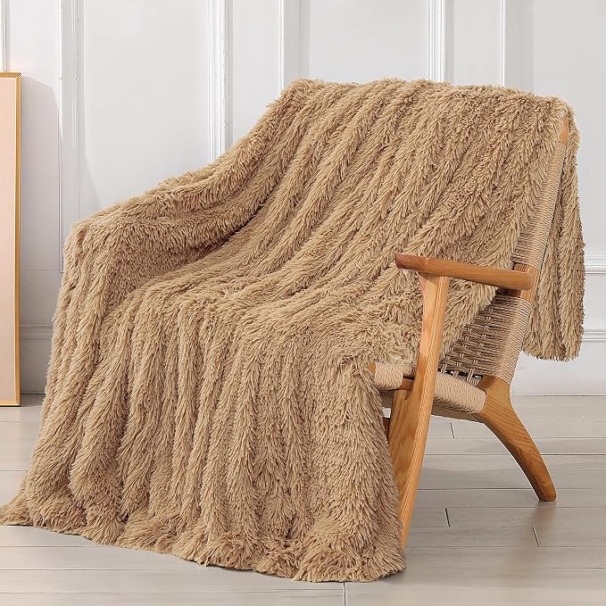 Decorative Extra Soft Faux Fur Blanket Twin Size,Solid Reversible Fuzzy Lightweight Long Hair Shaggy Blanket,Fluffy Plush Fleece Comfy Microfiber Throw Blanket for Couch Sofa Bed,Camel
