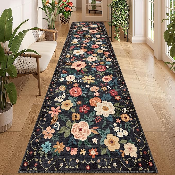 DUKINO 3x12 Washable Runner Rug, Long Hallway Runner Rug Non Slip, Black | Soft, Low Pile, Floral Indoor Runner Rug for Kitchen, Entryway, Bedroom, Bathroom, Laundry, Modern Home Decor, Non-Shedding