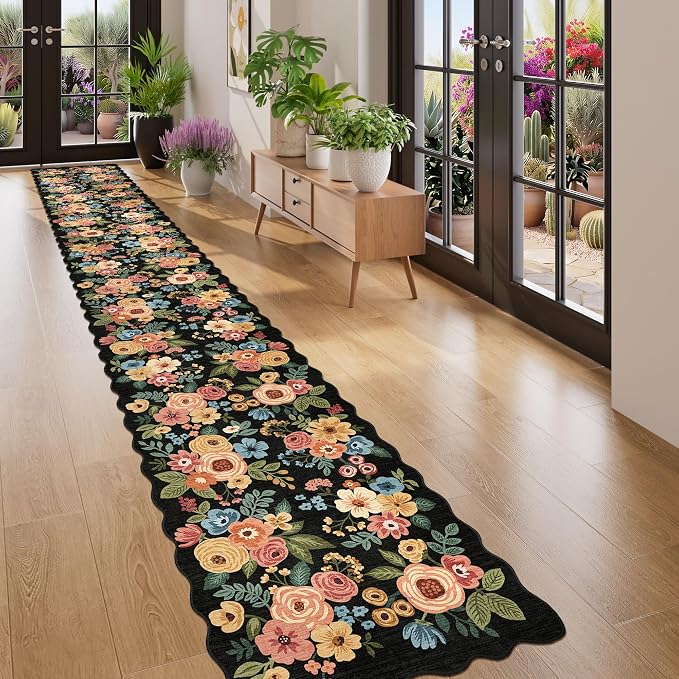 DUKINO 2x8 Washable Runner Rug, Floral Non Slip Kitchen Runner Rug, Black | Low Pile, Soft, Floral Throw Rug Runner for Hallway, Entryway, Bedroom, Bathroom, Pet Friendly, Stain Resistant, Home Decor