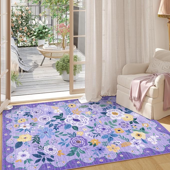 DUKINO 2x3 Entryway Rug, Floral Door Mat Soft Washable Rug Non Slip, Purple | Low Pile, Non-Shedding Small Rug for Kitchen, Entrance, Bedroom, Bathroom, Pet Friendly, Stain Resistant, Modern Home Decor