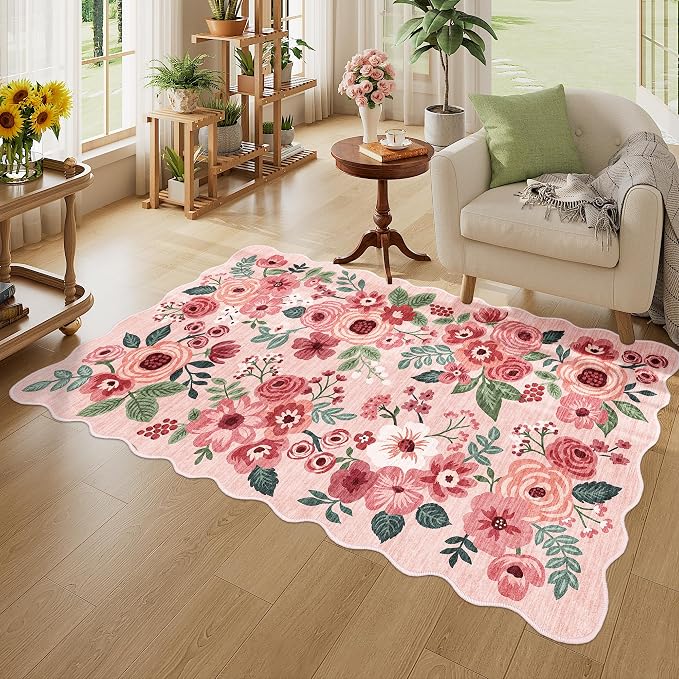 DUKINO 3x5 Area Rugs, Non Slip Floral Washable Rug for Bedroom, Pink | Soft, Low Pile, Non-Shedding Throw Rugs for Living Room, Entryway, Kitchen, Kids Room, Pet Friendly, Home Decor, Lightweight