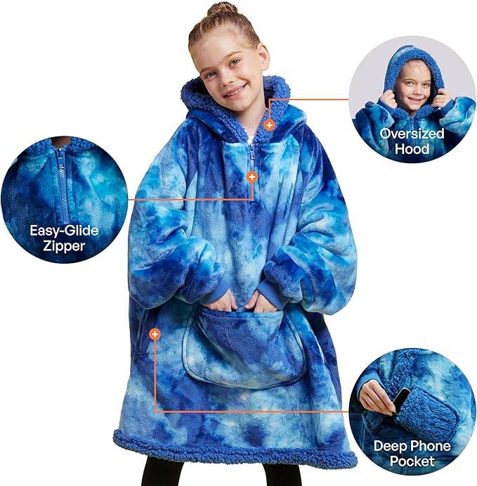 Giggling Getup Wearable Blanket Hoodie for Girls and Boys Warm Cozy Sherpa Fleece Hooded Blanket Sweatshirt Oversized Hoodie with Giant Pocket & Sleeves for Kids Dark Blue Tie Dye