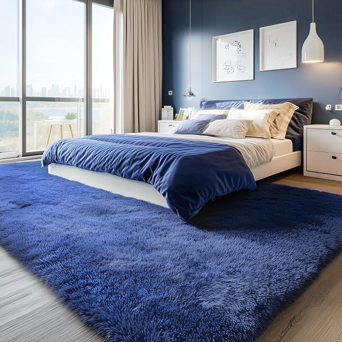 PAGISOFE Blue Rug 4x6 Ft Fluffy Shag Rugs for Bedroom Soft Fuzzy Shaggy Blue Rugs for Living Room Carpet Nursery Floor Boys Room Dorm Rug Kids Playroom Navy Area Rug Teen Home Decor