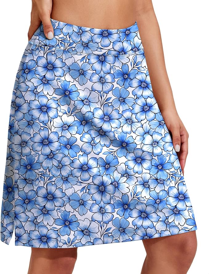 COOrun Women's 20" Knee Length Skirts High Waisted Golf Skorts with Pockets | Soft, Quick Dry, Split Hem, Built-in Shorts, A-line, Modest Skirts, for Golf Athletic Tennis Work Casual