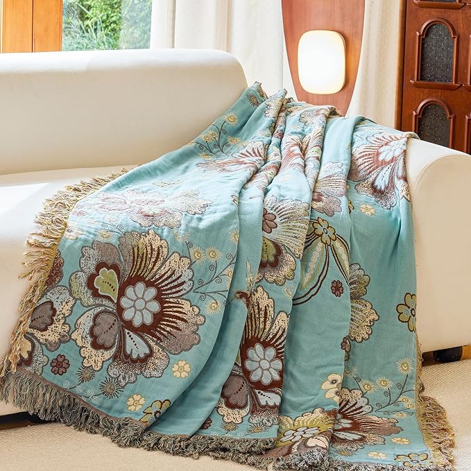 VANJOROY Boho Throw Blanket 80" x 90", 100% Organic Cotton Breathable Skin-Friendly Ultra Soft Bed Quilt Blue Throw - Floral Rustic Decor Luxury Reversible Blanket for Sofa Couch Chair and Gift,